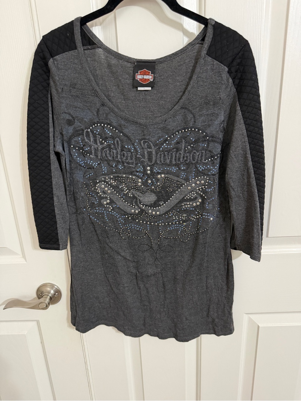 Harley-Davidson Rhinestone Graphic Quilted Sleeve Top Gray L